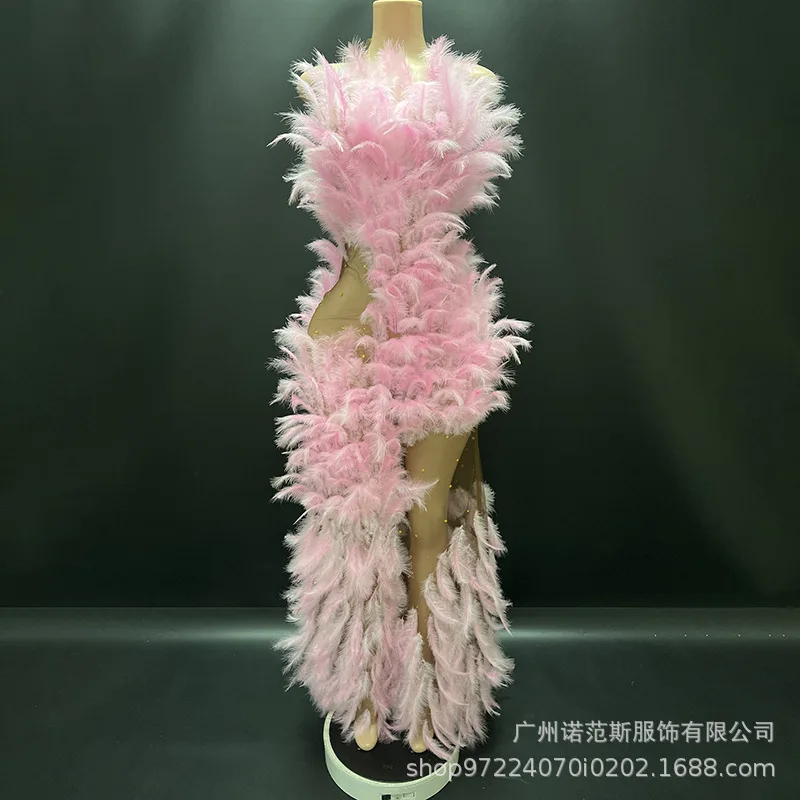 Seksowna biała sukienka z siateczki z piórami, prześwitująca, strój na występy w klubie nocnym, odzież dla piosenkarki, moda biznesowa, ubrania do śpiewania, sukienki wieczorowe