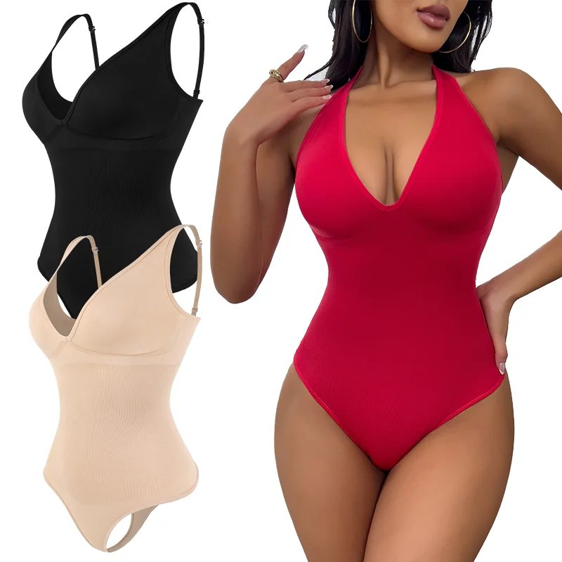 

SLIMBELLE Women Deep V Neck Bodysuit Halter Top Tummy Control Adjustable Strap Shapewear Colombiana Fajas Thong Sexy Butt Lifter