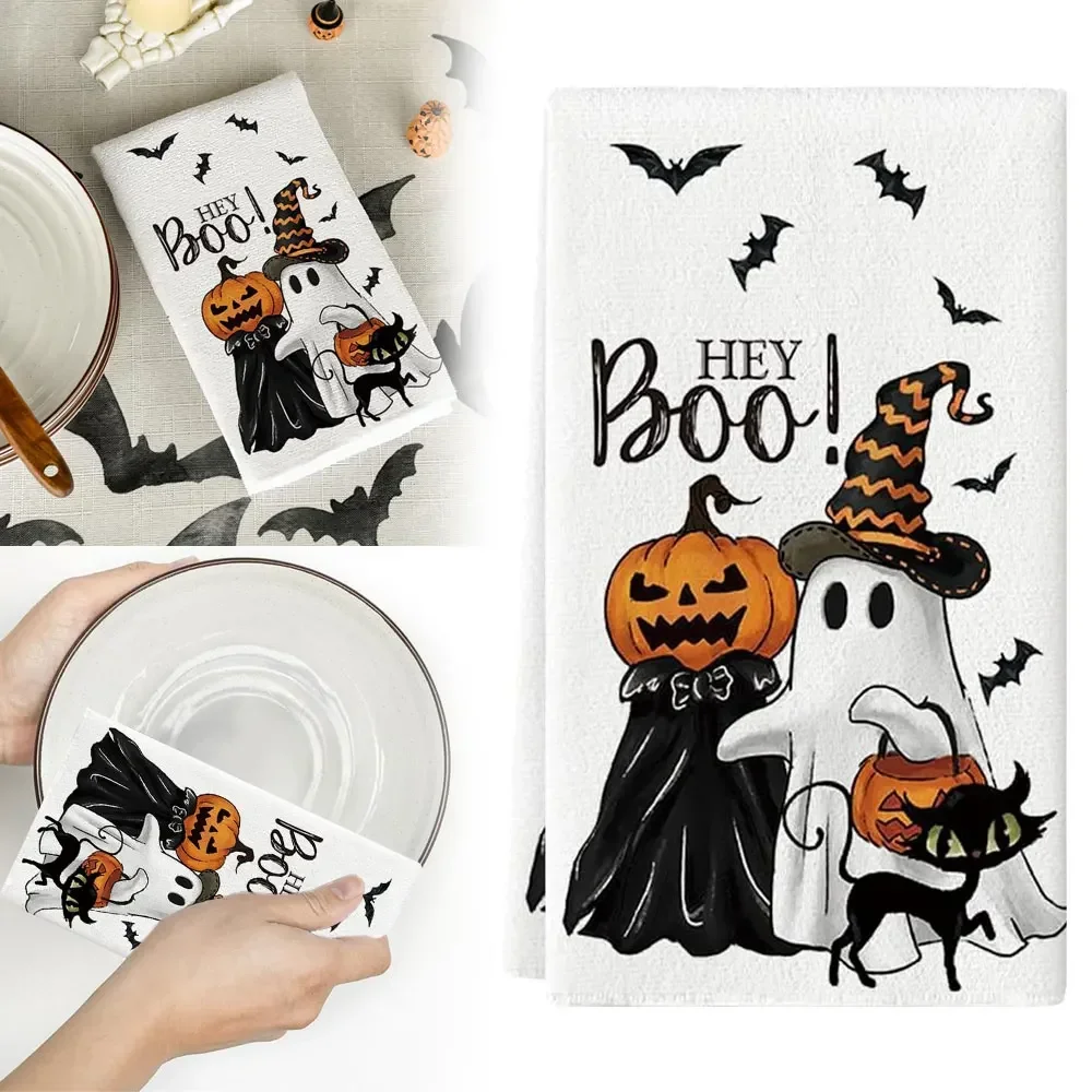 Hey Boo Halloween Festival Ghost Pumpkins Bats Cat Kitchen Dish Seasonal Hand Towel for Party Decoration Supplies Decor Favors