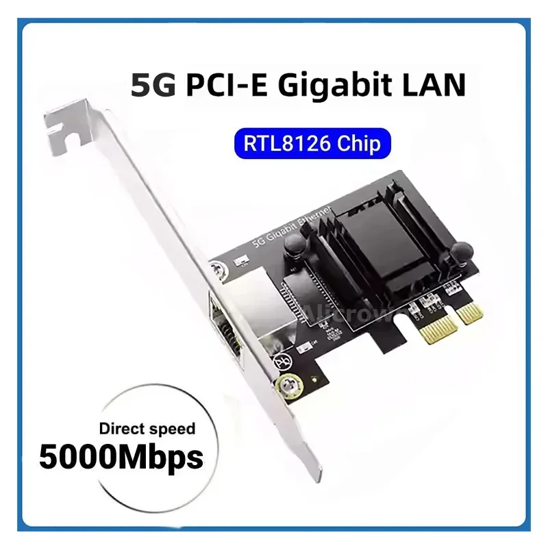 

Сетевая карта 5G PCI-E к RJ45 Realtek 8126 1000/2500/5000 Мбит/с Интерфейс RJ45 Gigabit Ethernet PCI Express X1 X4 X8 X16 Адаптер