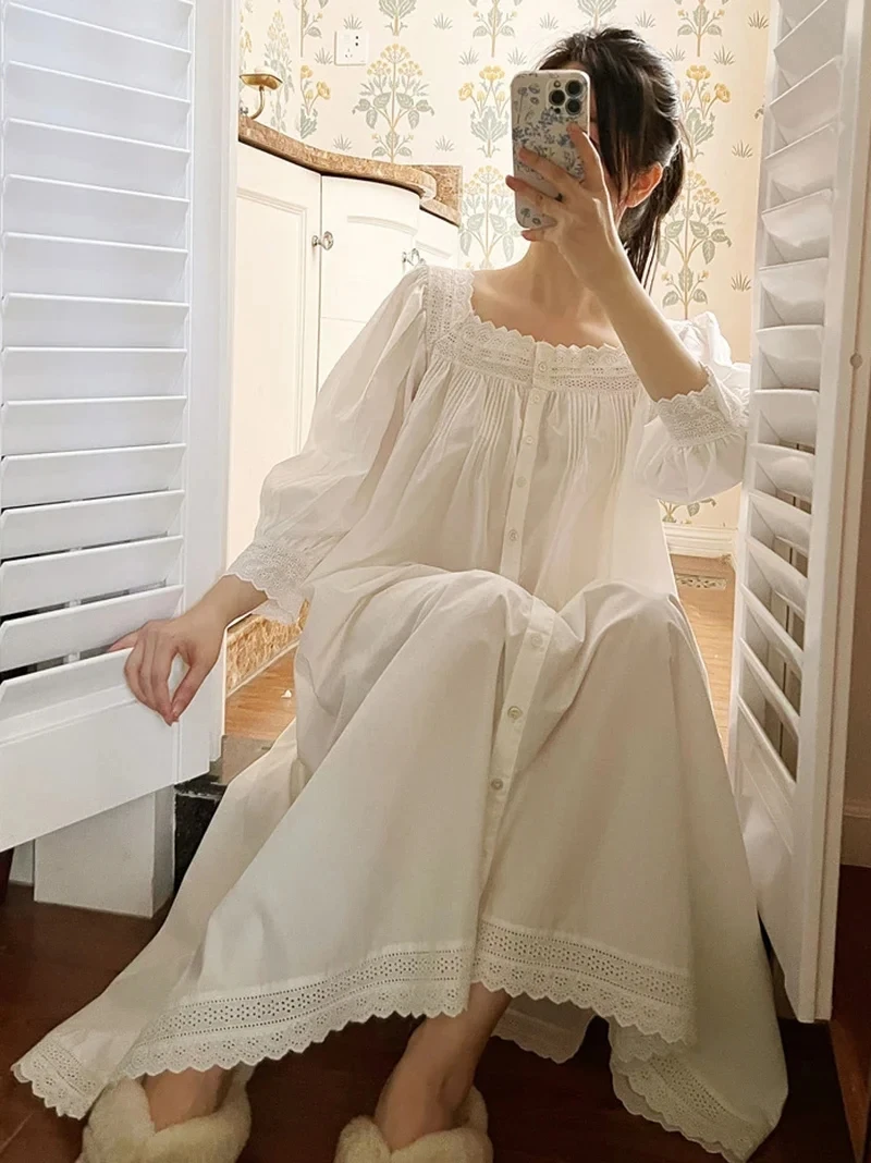 Women Night Dress Pure Cotton Robe Long Sleeve Romantic Vintage Nightgowns Princess Nightwear Sexy Sleep Shirts Palace Dress New