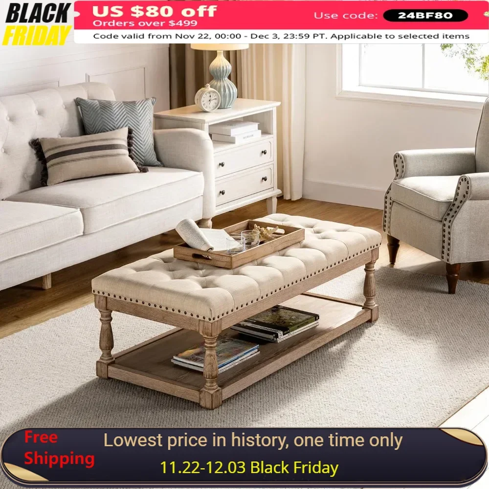 Coffee Table with Tray, Tufted Ottoman with Solid Wood Storage Shelf, Upholstered Large Footrest Ottoman, Living Room Table