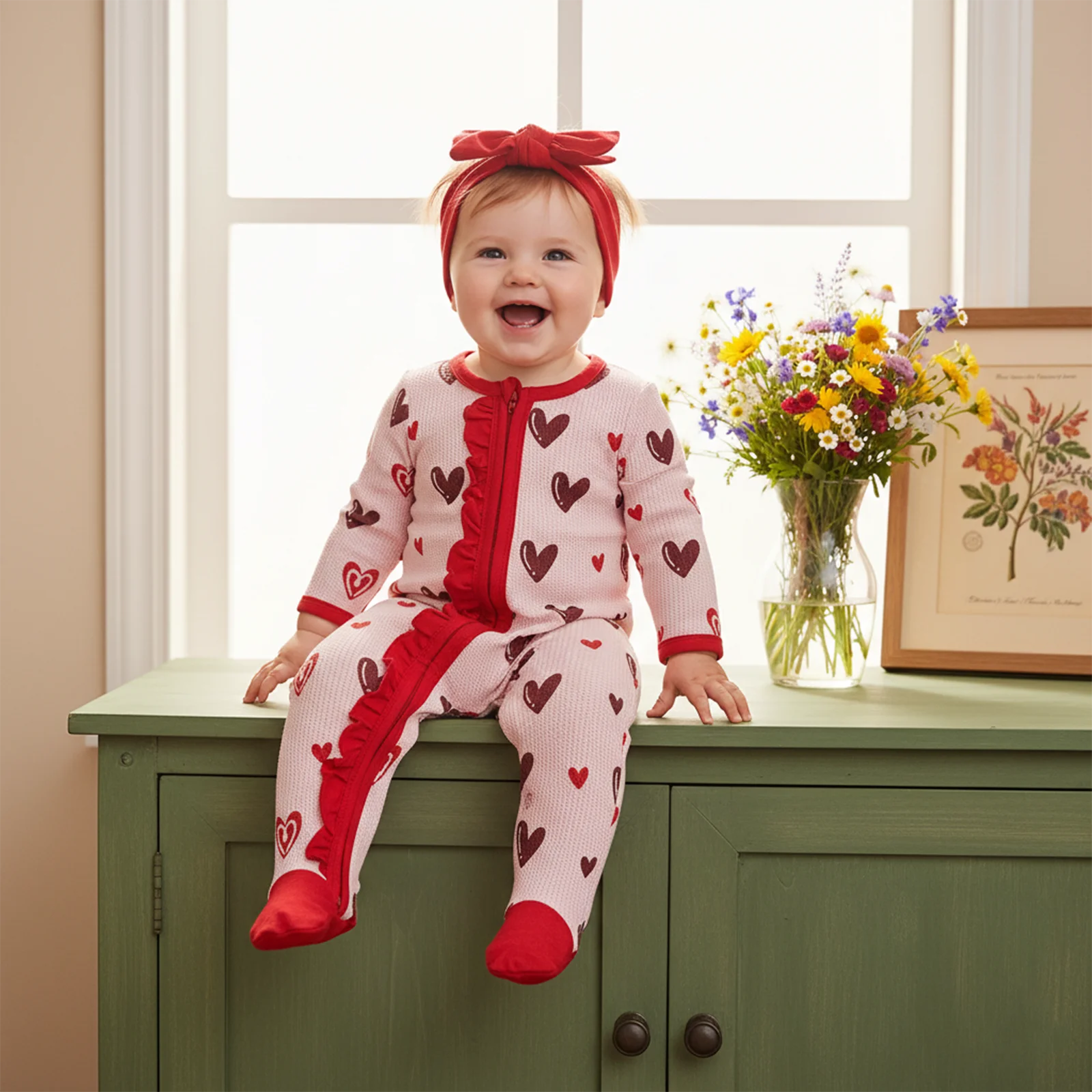 

Infant Clothing Baby Girl Valentine's Day Rompers O Neck Heart Print Footed Jumpsuit with Headband Newborn Clothes