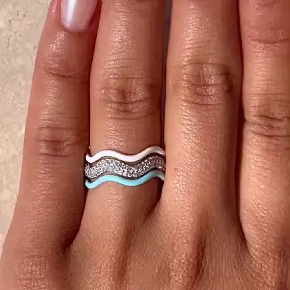 2026 New Shiny CZ Wave Band Rings White Blue Ename Ring For Women  Minimalist Trendy Jewelry Gifts