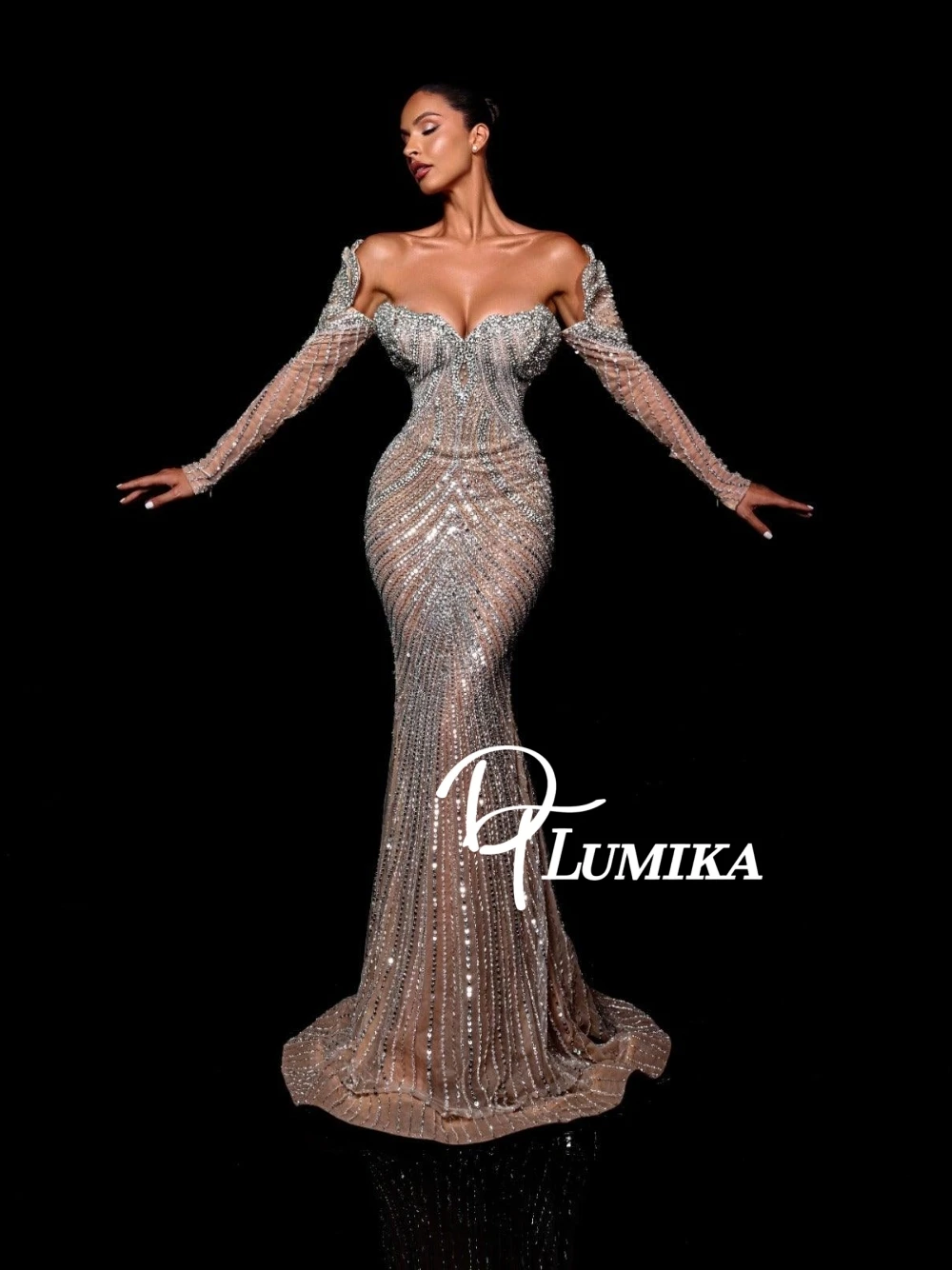 

DTLumika Luxury Beaded Sequins Evening Dress Gorgeous Statement Mermaid Off Shoulder Prom Gown Fashion Glitter Pageant Gala Wear