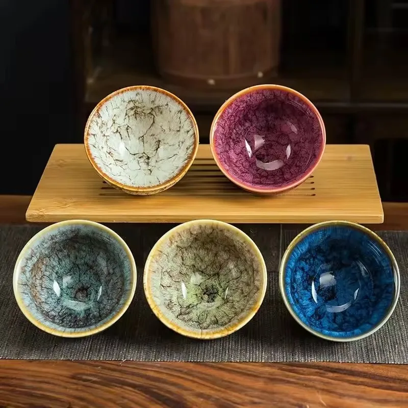 5pc Multicolor Kiln Fambe Porcelain Tea Cup Large Kung Fu Temmoku Glaze Ceramics Japanese Master Teacup Retro Single Tea Cups