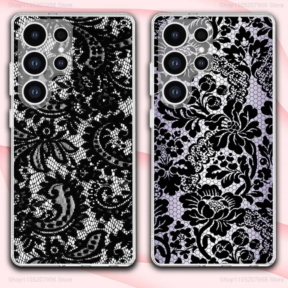 

Lace Print Pattern Phone Case For Samsung A30,71,51,S9,10,20,Ultra,FE,Lite,S25,24,22,23,21,PIus,Transparent, Silicone