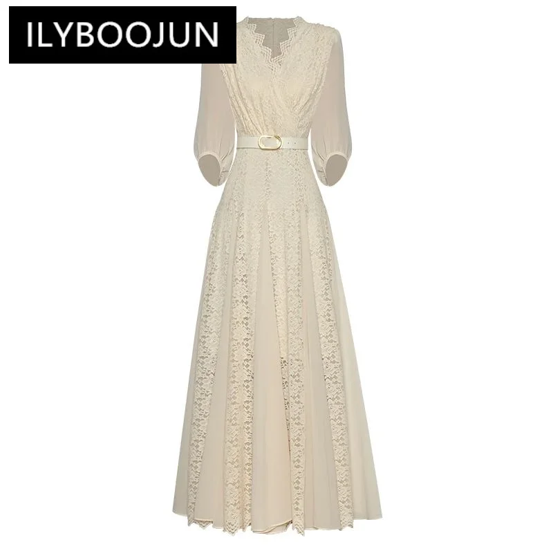 

ILYBOOJUN Fashion Designer Spring Summer Women Lace Dress V-Neck Lantern Sleeve Belt Patchwork Elegant Party Long Dresses