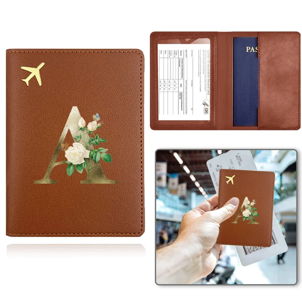 Protective Passport Case Leather Business Passport Holder Travel Passport Lid Credit Card Container Golden Flower Letter Pattern