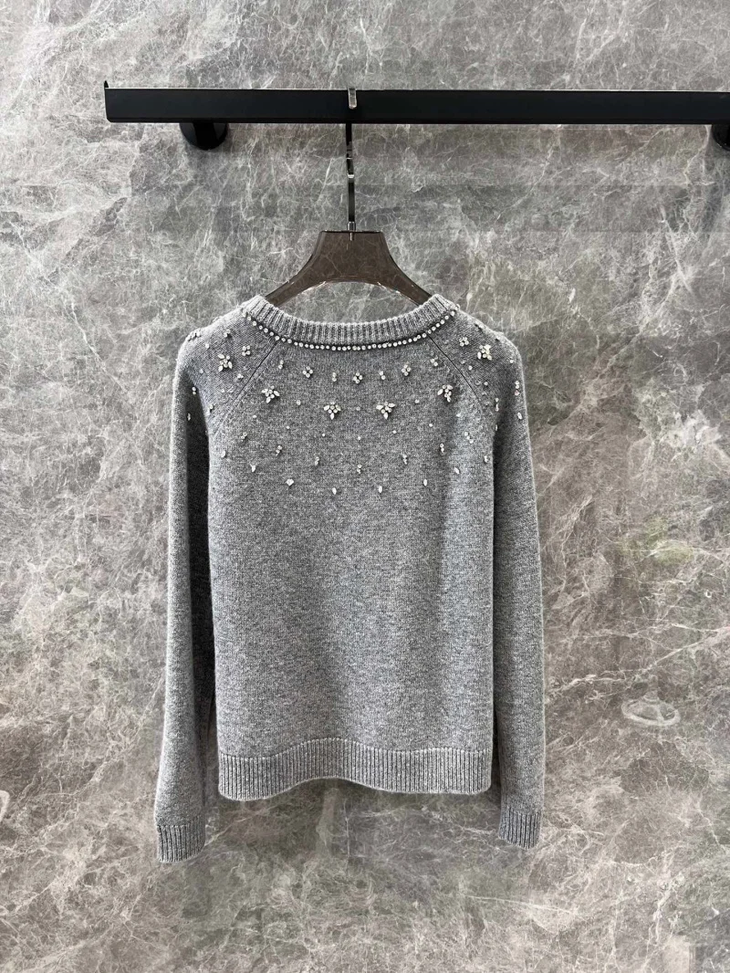 2024 Autumn/Winter New Women's Sweater Fashion Exquisite High Quality Nail Diamond Round Neck Long Sleeve Knitted Sweater y2k To