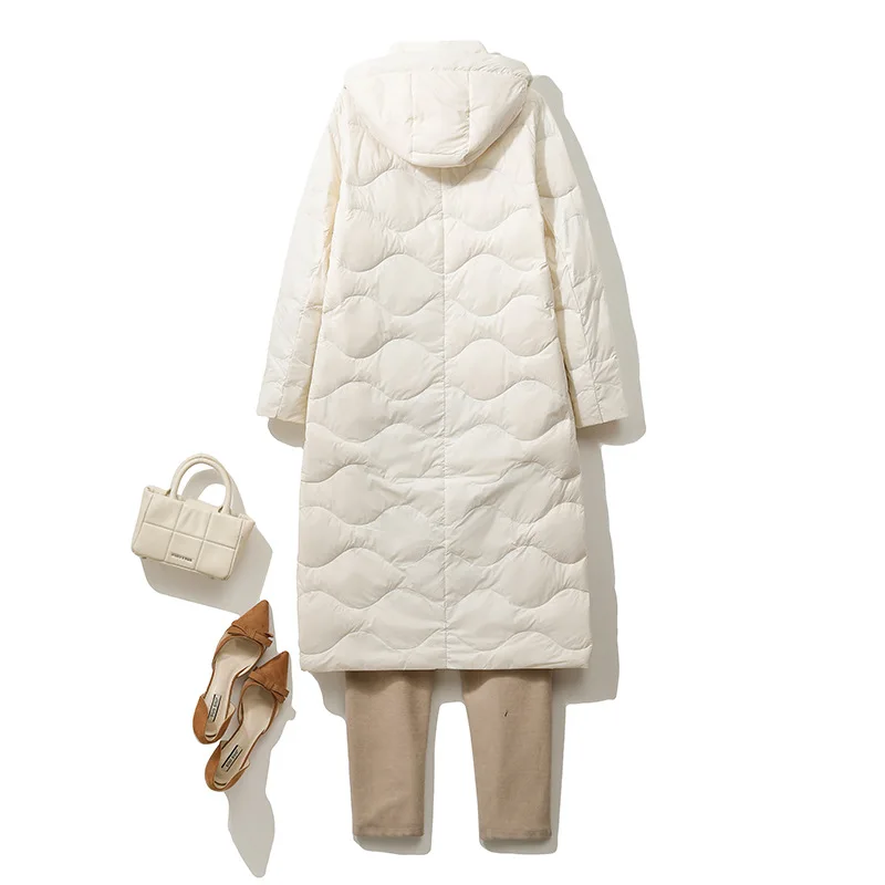 NewLightweight أسفل سترة النساء فوق الركبة تكبير مقنعين زراعة نفسك تظهر قبالة الوزن الدفء الأبيض بطة أسفل سترة #4