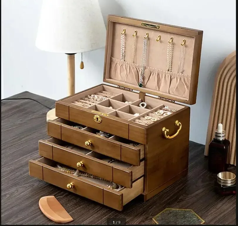 

Vintage Wooden Jewelry Box Ring Necklace Jewelry Storage Box Light Luxury Household Rectangular Storage Tools Jewelry Container