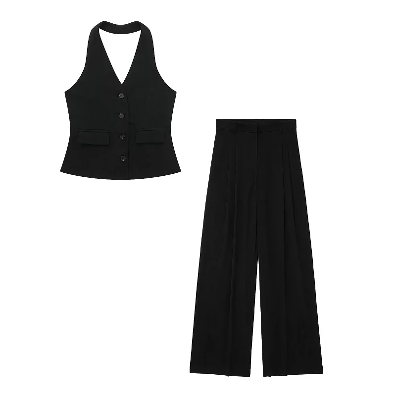 TRAF Pants Set For Women 2 Pieces Outfit 2024 Summer Halter Sleeveless Tank Vest Top Baggy Pants Ladies Fashion Black White Suit