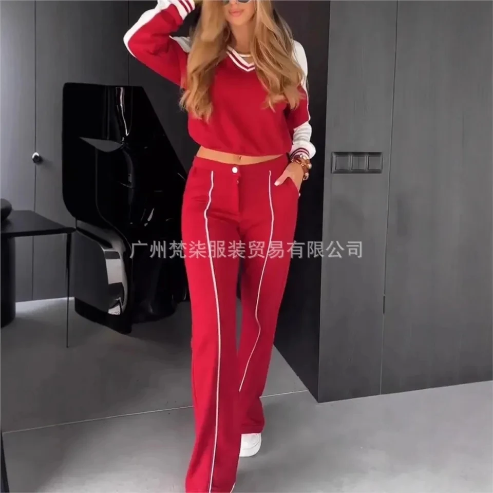 

Fashion Color-blocking V Neck T Shirt Tops 2-piece Set Autumn New Long-sleeved Casual Sports Striped Trousers Women's Suit 2025