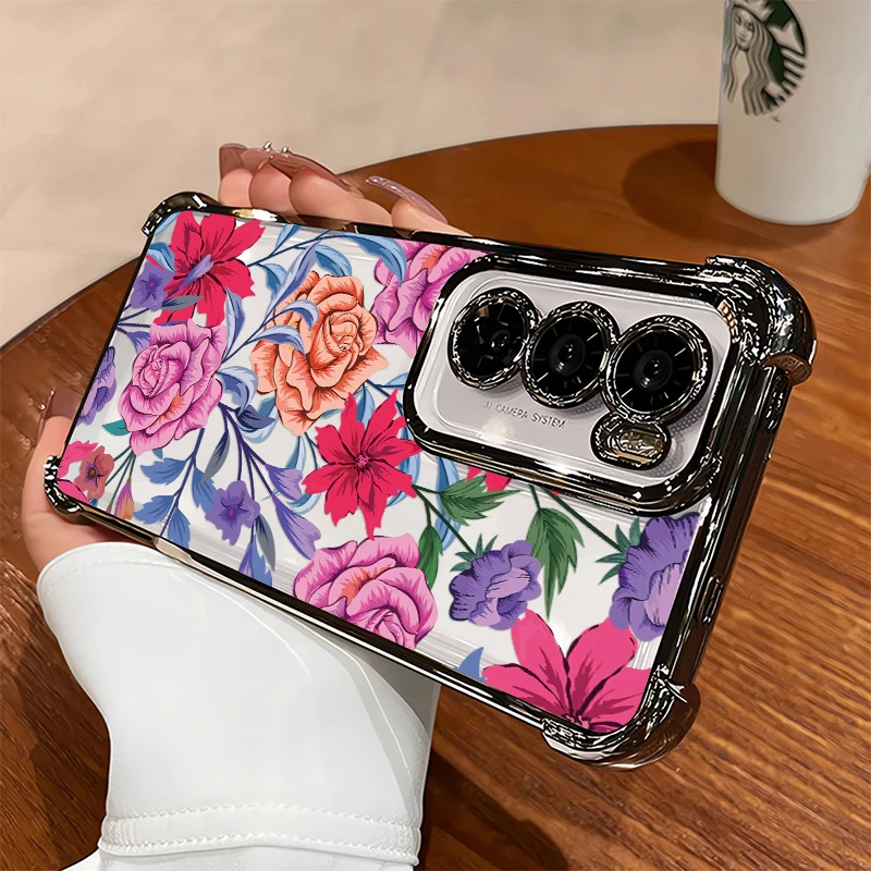 Plating Clear Phone Case For Vivo V70 FE V40 Pro V60 Lite 4G 5G V23 V25 V29E V27 V50 V29 Fashion Flowers Print Plating Cover view 5