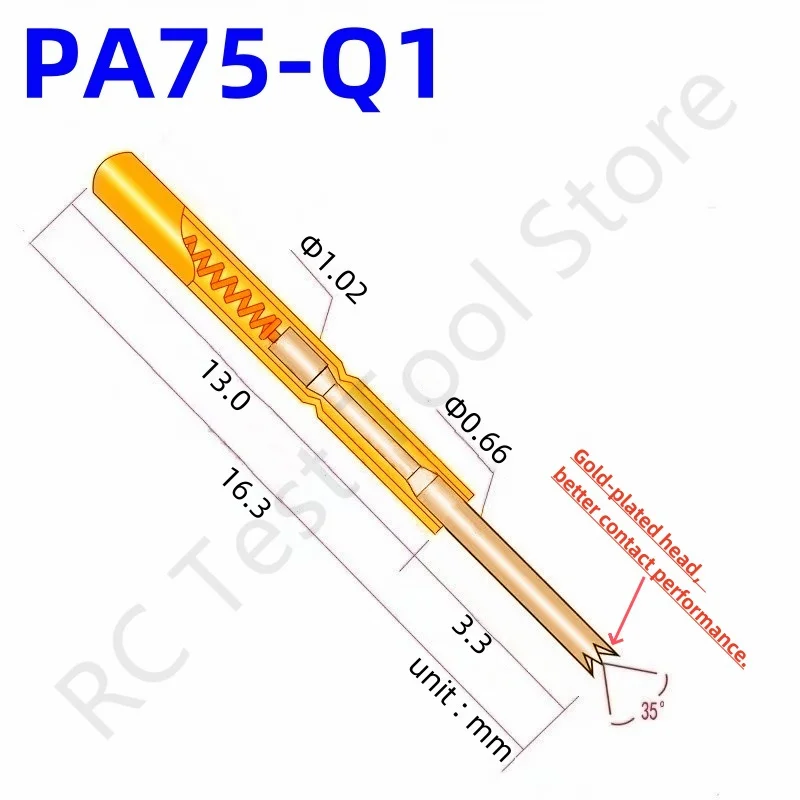 100PCS PA75-Q1 Spring Test Probe Test Pin Pogo Pin P75-Q1 P75-Q  ICT FCT PCB Test Tool 0.66/1.02/16.3mm Gold Needle Crown Tip