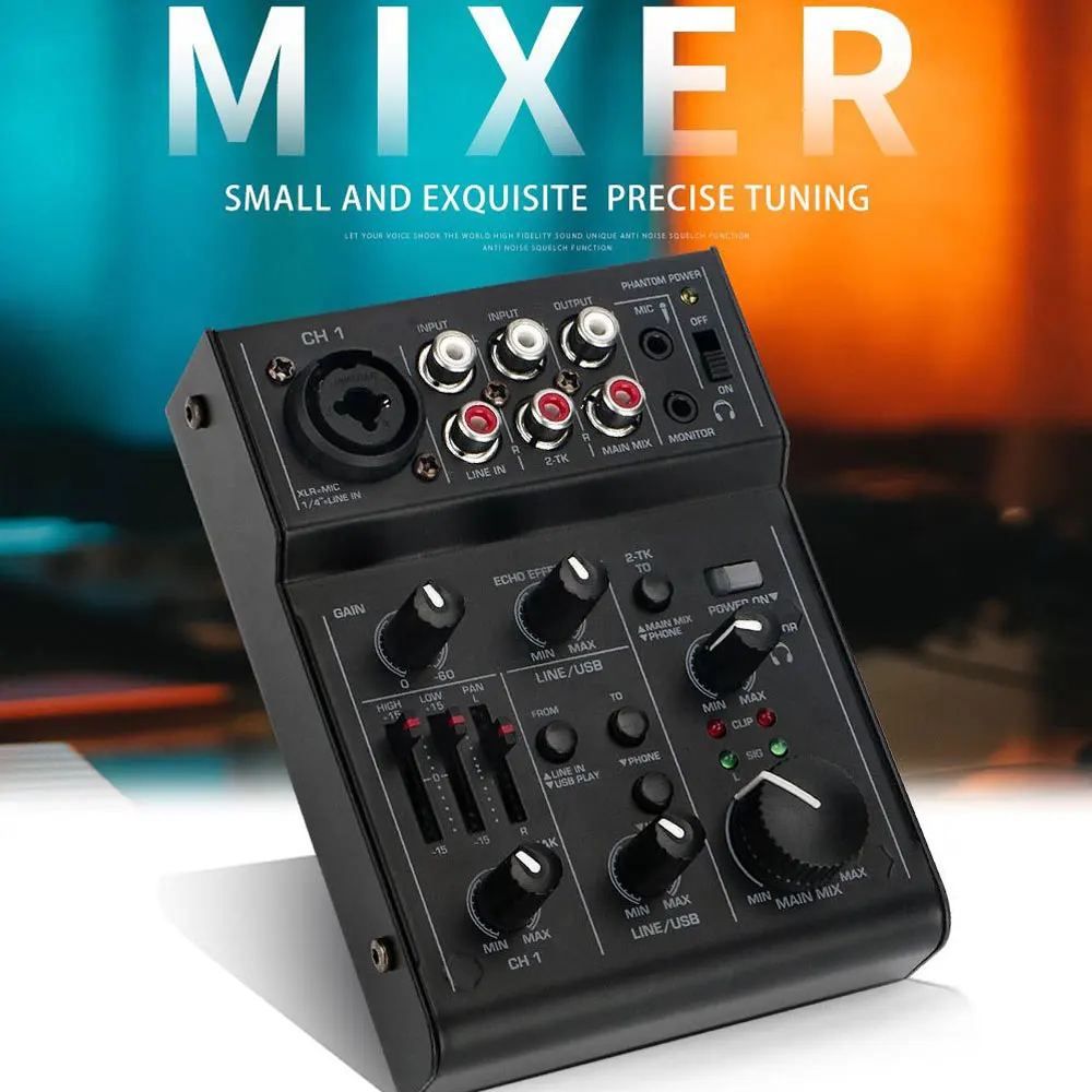 Fuluode 3 Channel Portable Audio Mixer Mixing Console 3 Band EQ Sound Card dj Karaoke Mixer Bluetooth 48V 2 AUX