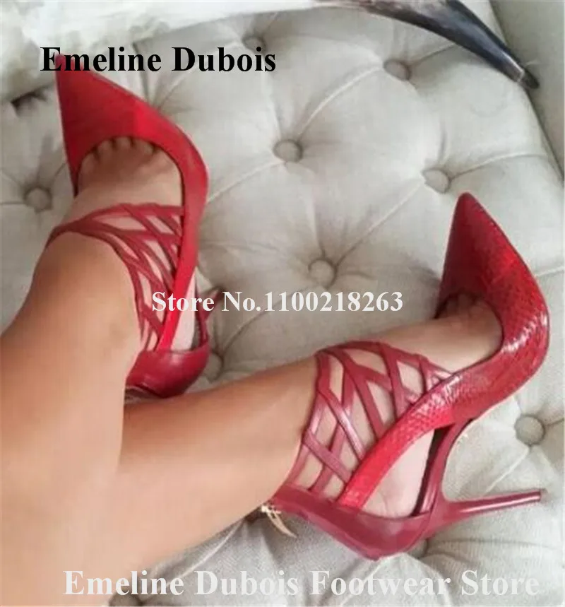 Snake Leather Pumps Emeline Dubois Pointed Toe Pattern Leather Stiletto Heels Shoes Ankle Covered High Heels Big Size Party Shoe