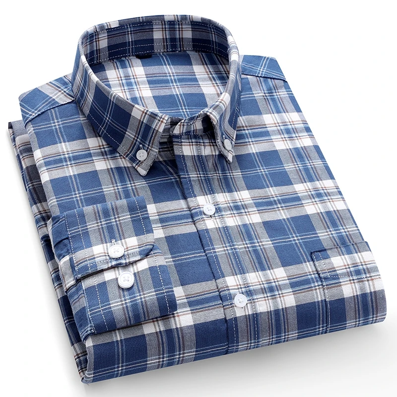 

100% Pure Cotton Oxford Men's Shirts Long Sleeve Plaid Soft Regular Fit Formal Dress Shirt Social Blouse Male Clothes 6XL 7XL