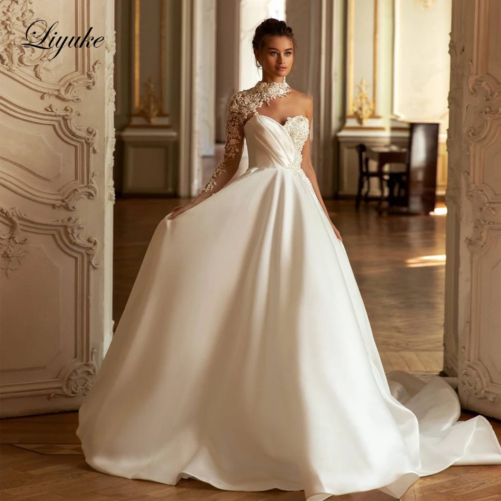 Liyuke Elegant Sweetheart  A-Line Wedding Dress Beading Embroidery Lace Customs made Satin One Shoulder Bride Gowns