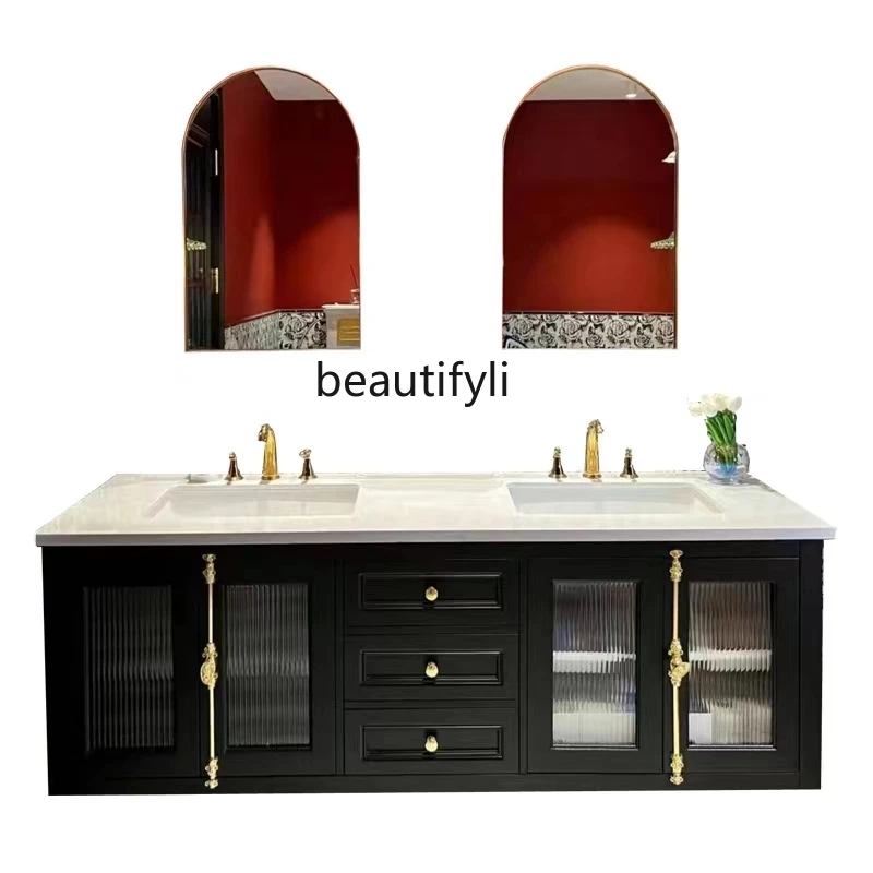 

French Retro Ceramic Whole Washbin Bathroom Solid Wood Wall Cupboard Marble Wash Basin Washbasin Bathroom Cabinet