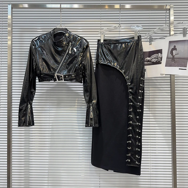 

Осенняя новинка, пикантная девушка, диагональная молния, крокодиловая кожа, куртка из искусственной кожи + железное кольцо, нишевый дизайн, длинная юбка, комплект