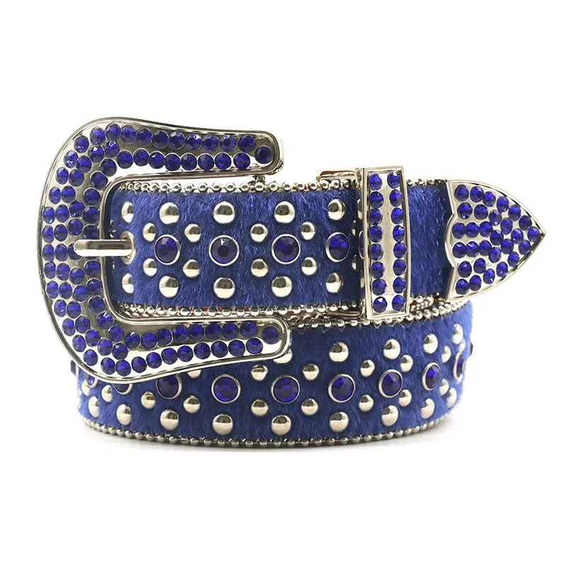 

men luxury fashion rhinestone belt pin buckle studded belts stage nightclub blue waistband womens trendy soft leather strapon