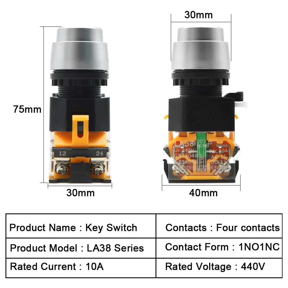 LA38-11Y/2 LA38-20Y/3 22mm Knob Selector Rotary Lock Key Switch 2 3 Position 1NO1NC 2NO with 2 Keys Latching Push Button Switch