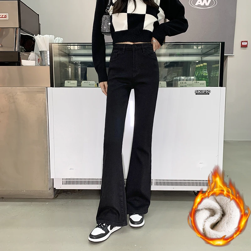 Dames Winter Fleece Jeans Mode Koreaanse Skinny Elastische Uitlopende Broek Dikker Slanke Pluche Fluwelen Vrouwelijke Denim Broek Zwart Blauw