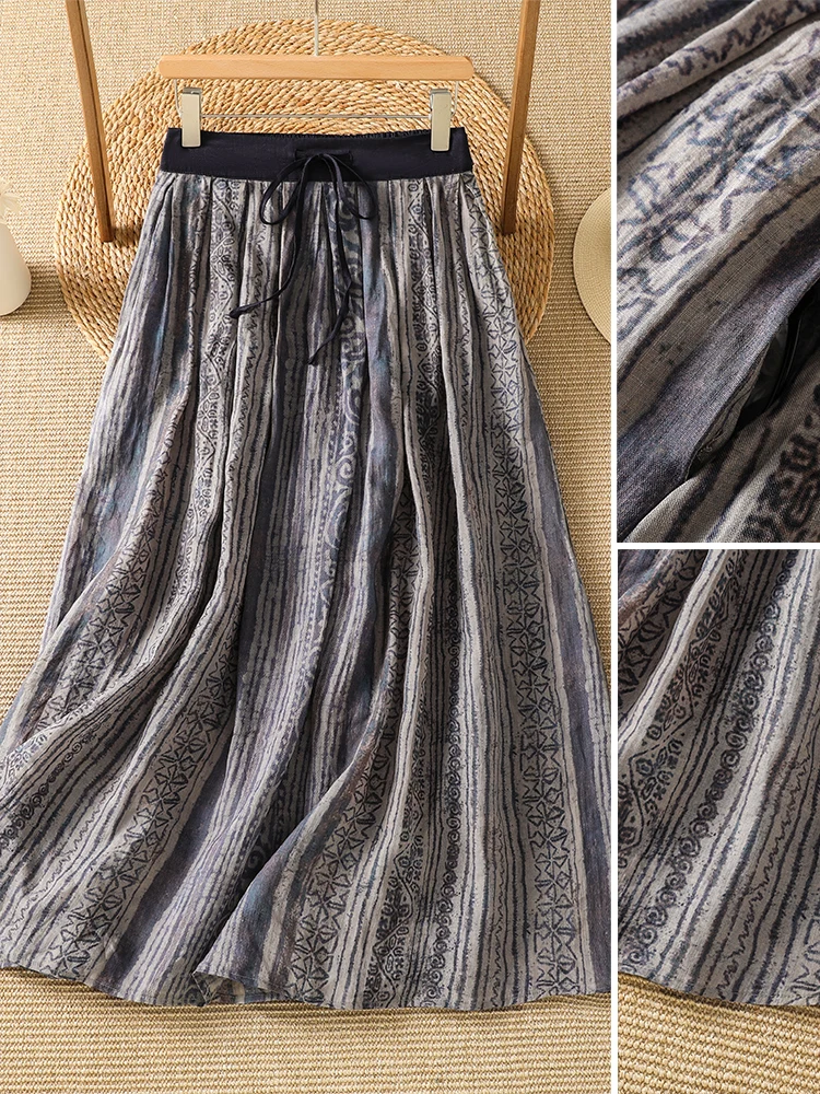 Retro Print Cotton Lin A-Line Skirt Women's High Waist Slim Fit Summer Daily Match Color Block Half-length Skirt