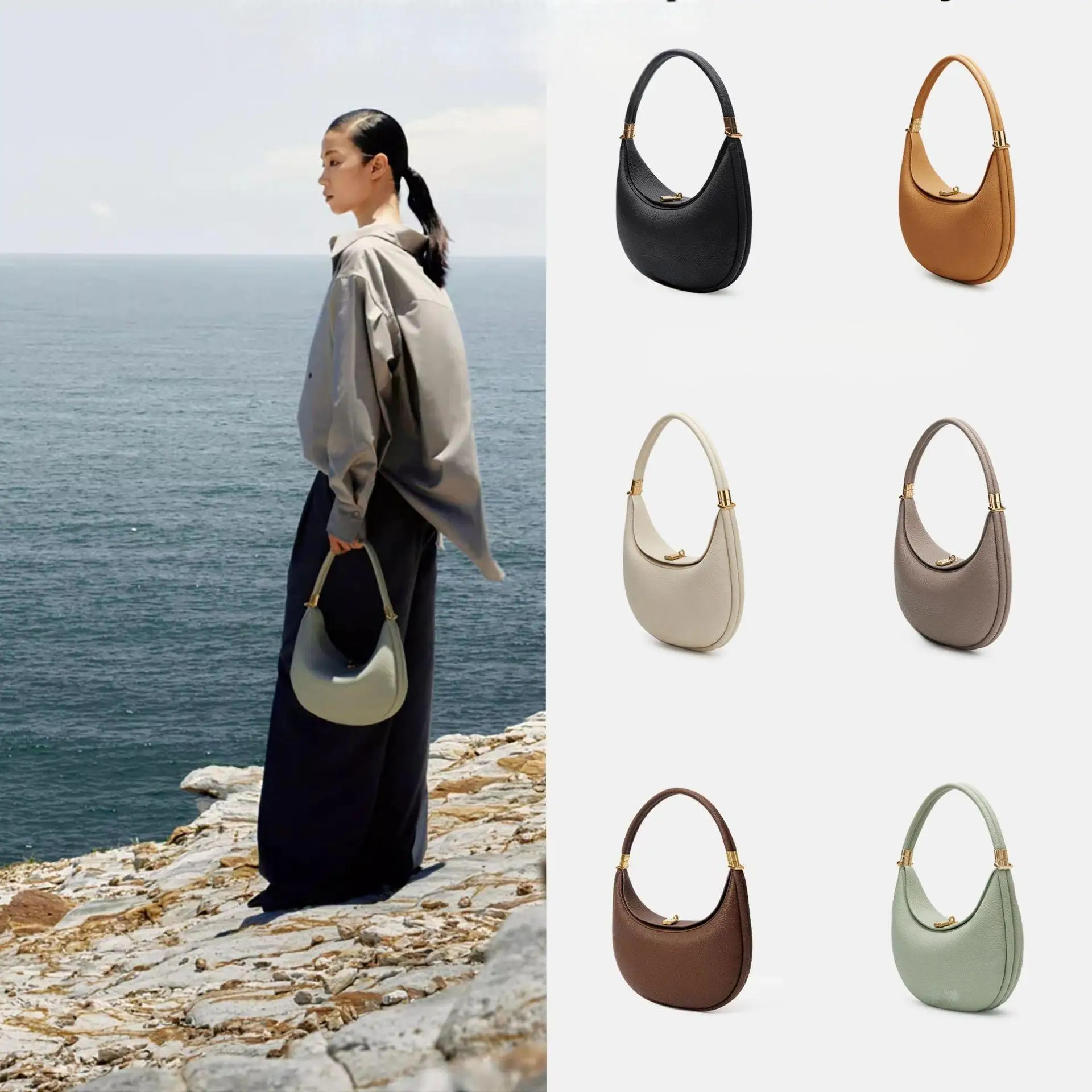 حقيبة كتف نسائية من الجلد المتوسط من Songmont Professional - محفظة كروس على شكل هلال، جلد طبيعي، متينة وأنيقة