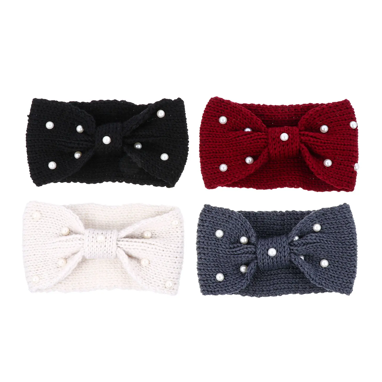 

4Pcs Knitted Woolen Headbands Bowknot Pearl Winter Hair Band Soft Warm Ear Warmer Hair Band for Women Comfortable