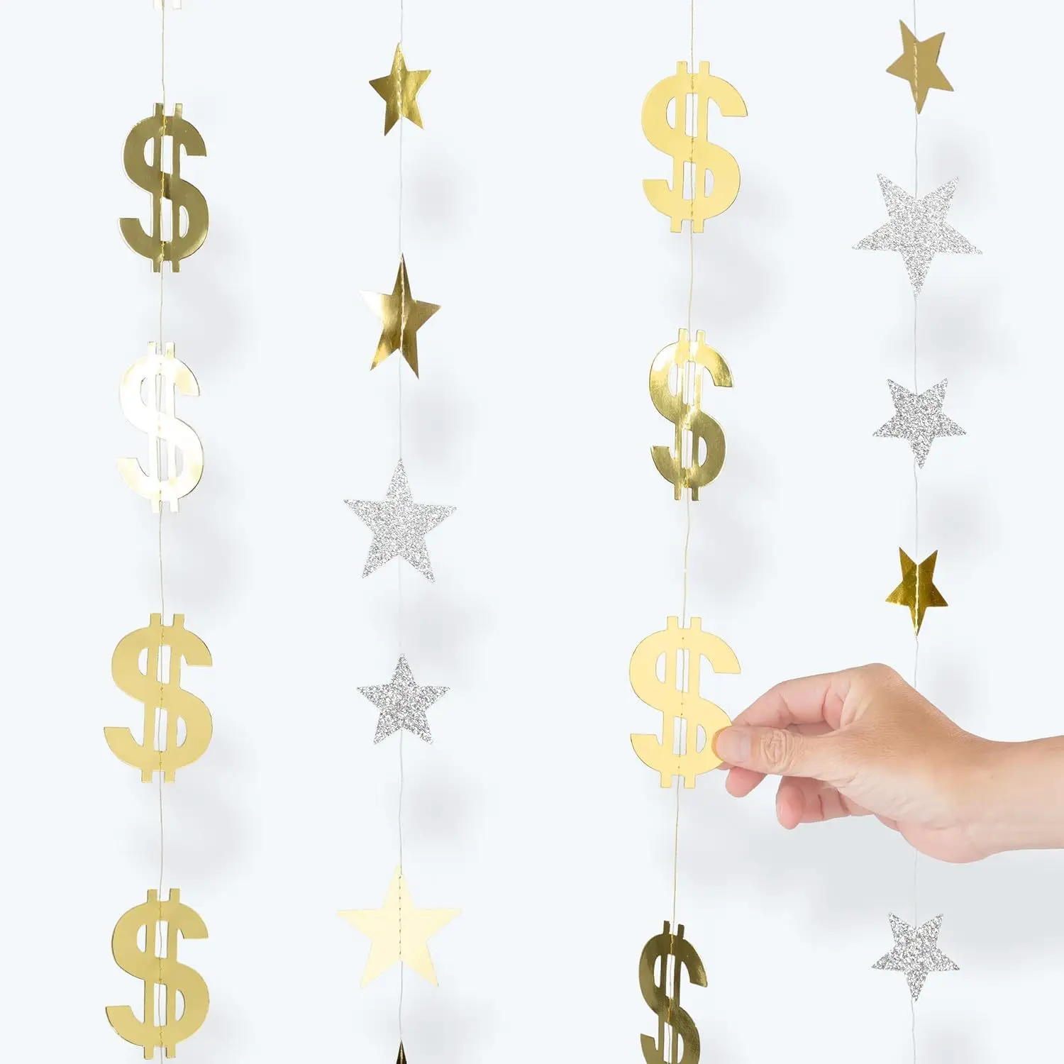 Gold Dollar Sign Hanging Garland, Metallic Money Symbol Streamer Curtain for Birthday Party Wall Decor view 2