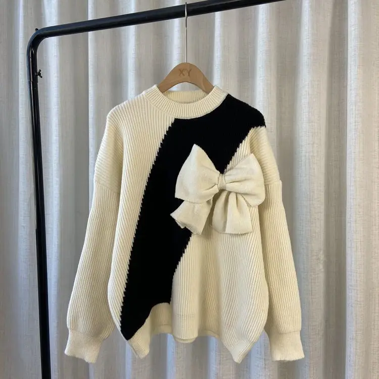 New Korean Bow Sweater 2023 Autumn/Winter Vintage Western Style Panel Long Sleeve Japanese Sweetheart Outerwear Knit