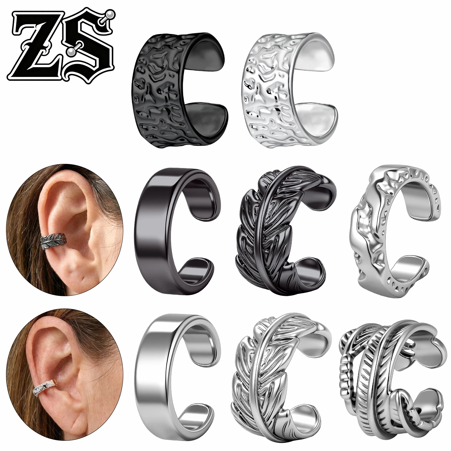 ZS 1 Pieza Pendientes de Aro Negros Estilo Punk con Clip para Mujer y Hombre, Clips Redondos para Oreja, Pluma, Círculo, Falso Piercing de Cartílago, Concha, Hélice