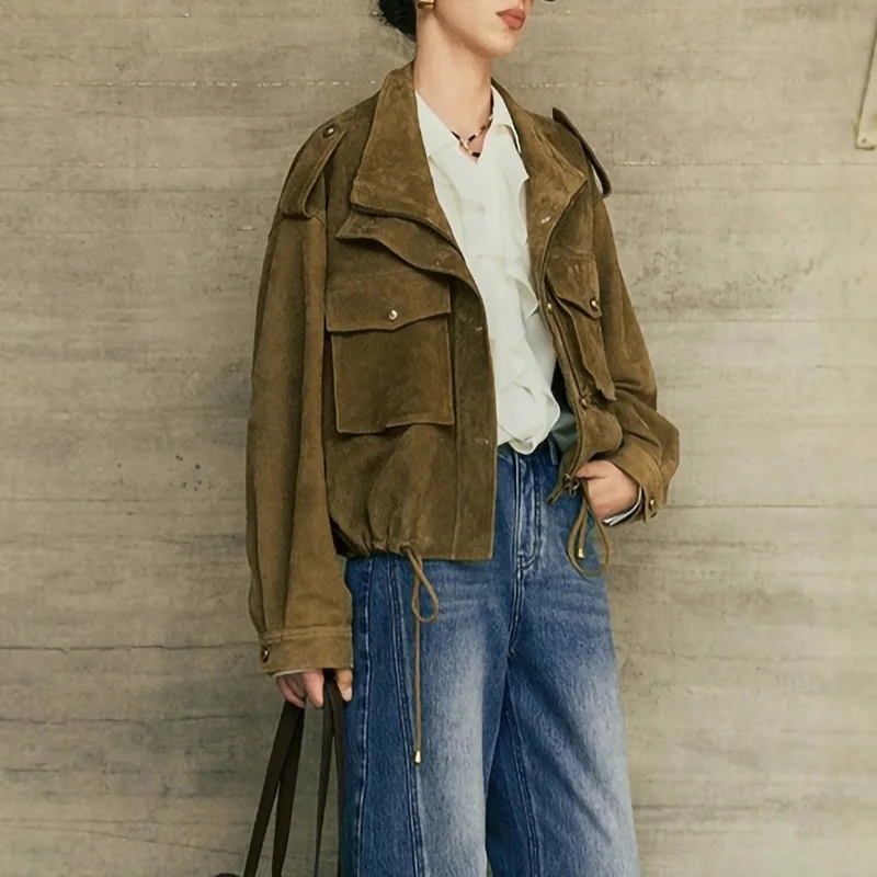 女性のカジュアルクラシックデザインヴィンテージボンバージャケットショートスエード秋ルーズポケットジャケット
