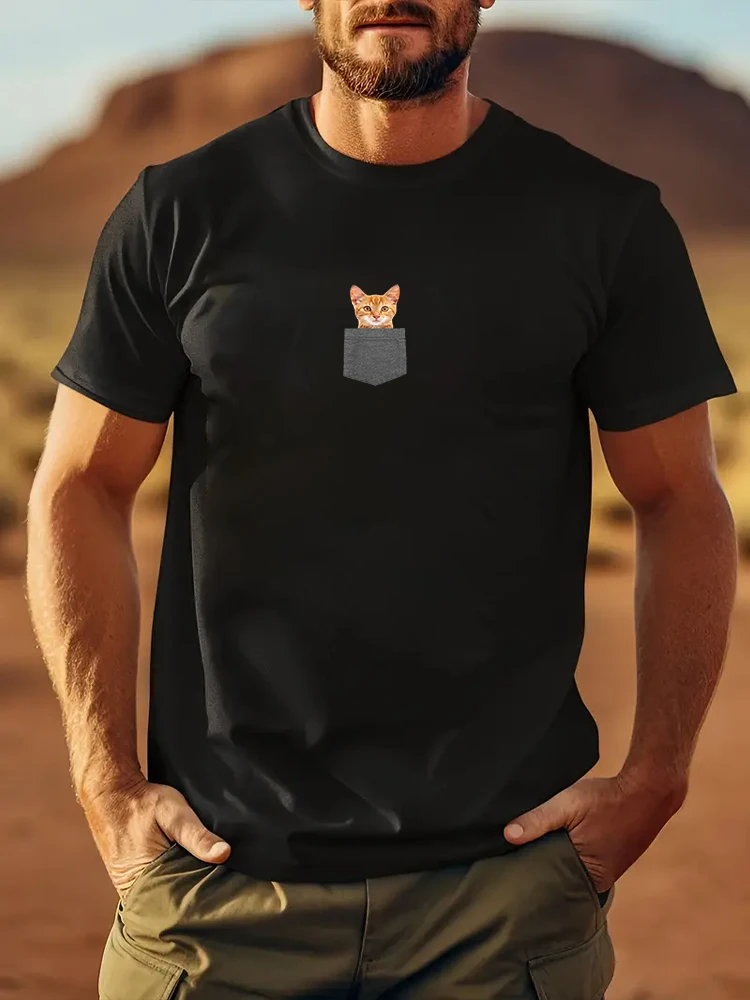 

Cat Kitten in pocket Men's T-shirt Short Sleeve Tees Loose T-shirt Man Tops New Men T shirt Print Tee Tops Fashion Clothing