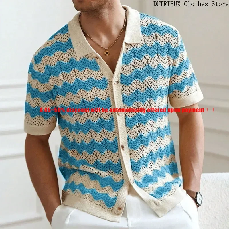 

Sexy Perforated and Breathable Business Casual Men's T-shirt , High-quality Striped Knitted Shirts for Men in Spring and Summer