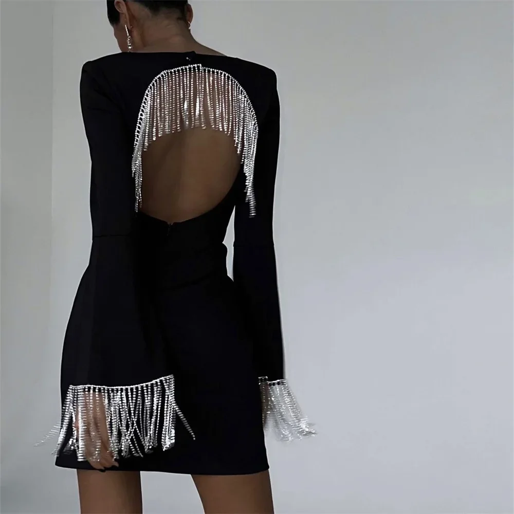 

Women's Hot Girls Sexy Openwork Openwork Backless Design Sense Fringed Dress Autumn Long Sleeve U-neck Solid Color Casual