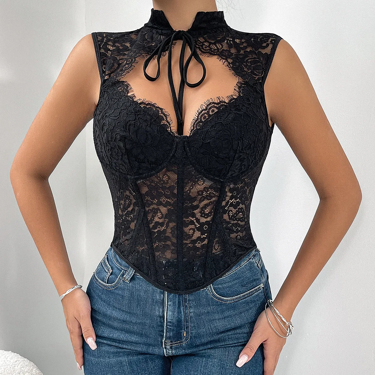 Women Lace Mesh Corset Tops 2024 Summer Fashion Sleeveless Bustier Crop Tank Top Sexy Solid Lingerie Vest Slim Camisole Blouses