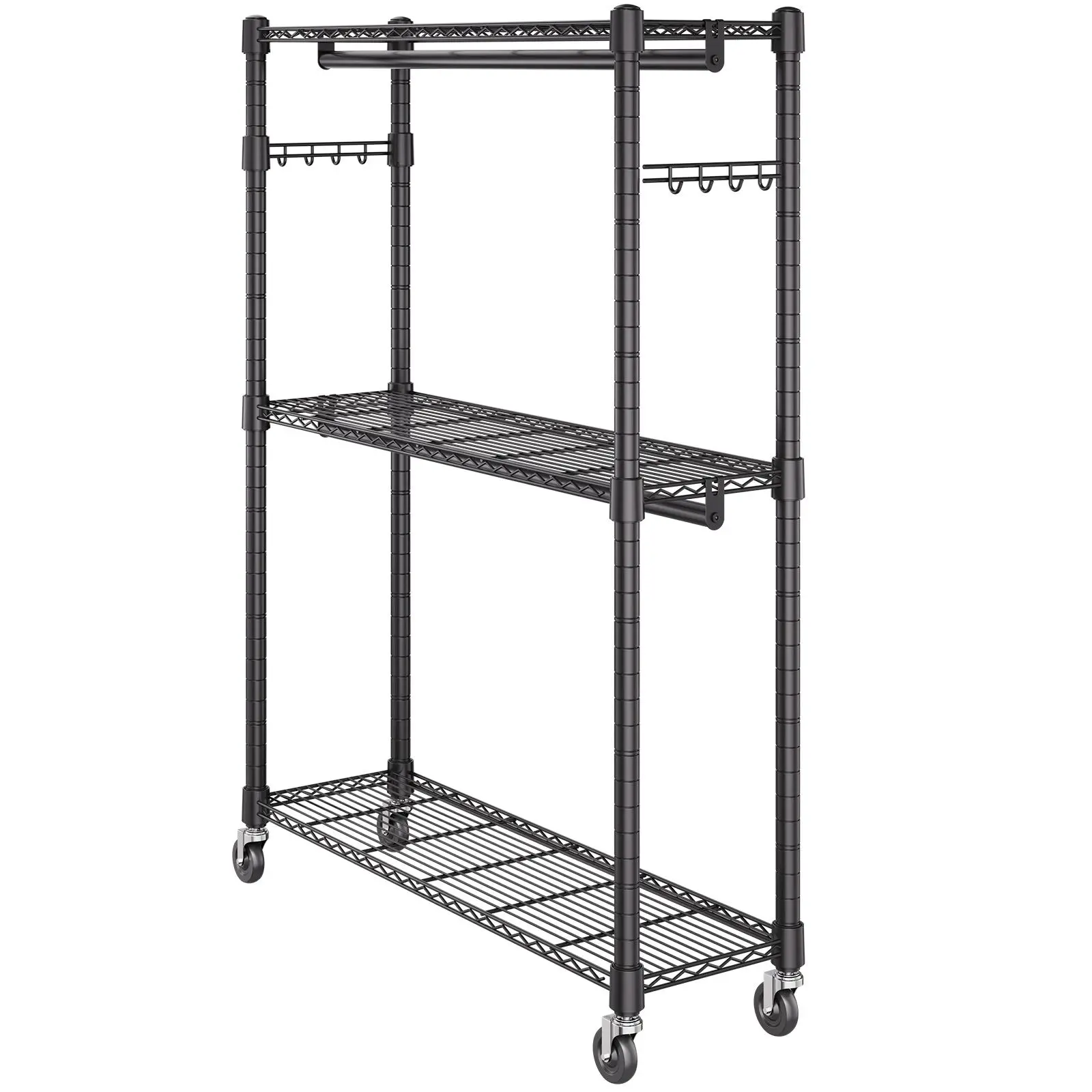 Heavy Duty Clothes Rack, Rolling Garment with 3 Storage Tiers, 2 Rods and 2 Pairs Side Hooks, Adjustable Height Closet for
