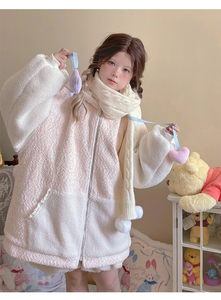 Japanese Girl Sweet Cute Plush Padded Hooded Hoodies Women Winter New Fashion Loose Large Size Student Cardigan Jacket Clothes