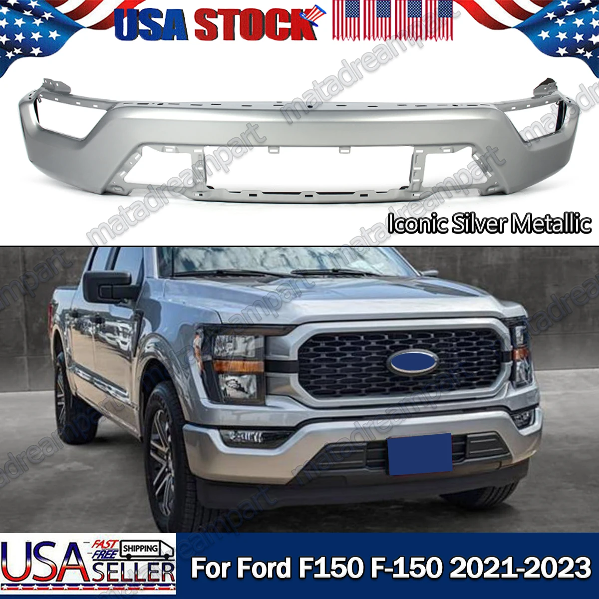 Iconic Silver Proctive Bumper Steel Front Bumper Face Bar with Fog Lights Hole For Ford F150 2021-2024 Front Surround Body Kit