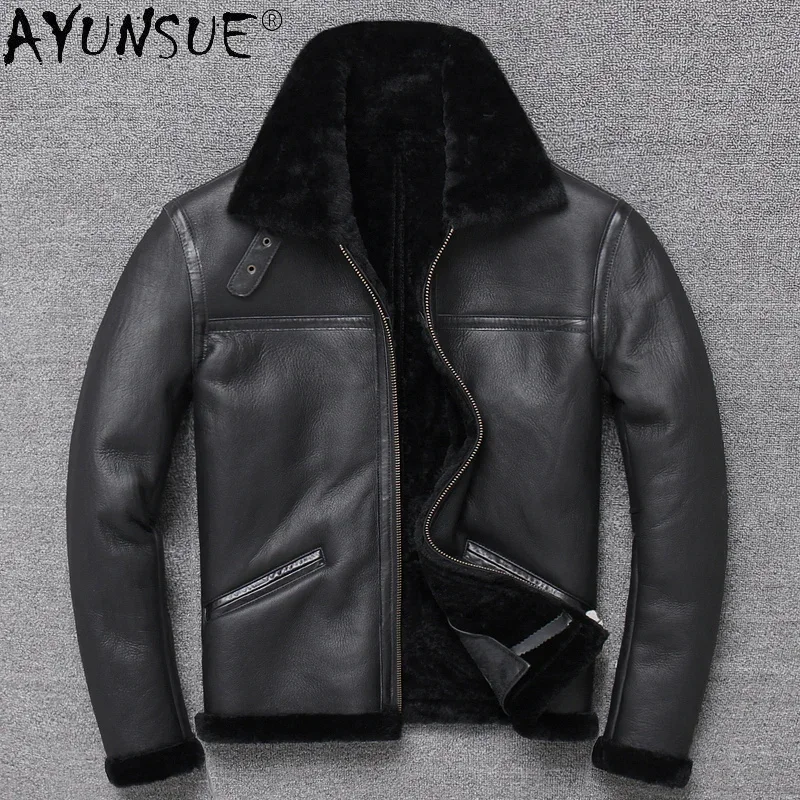 AYUNSUE Genuine Leather Jacket Men Real Fur Winter Male Sheepskin Coat Shearling Warm Vintage Flight s