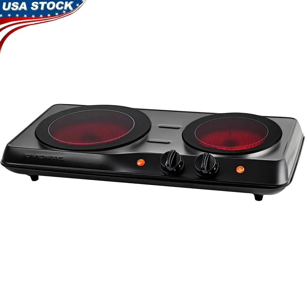 Placa caliente eléctrica de doble quemador infrarrojo de 1700W, estufa portátil, Control de termostato, pies de goma antideslizantes, fácil limpieza compacta
