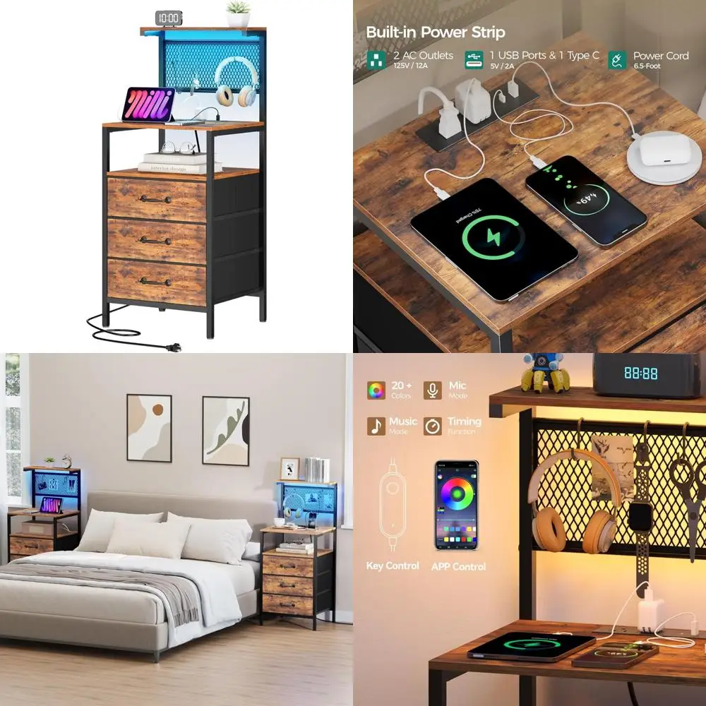 

stylish tall nightstand with charging hub & led lighting, ample drawer space, storage shelves