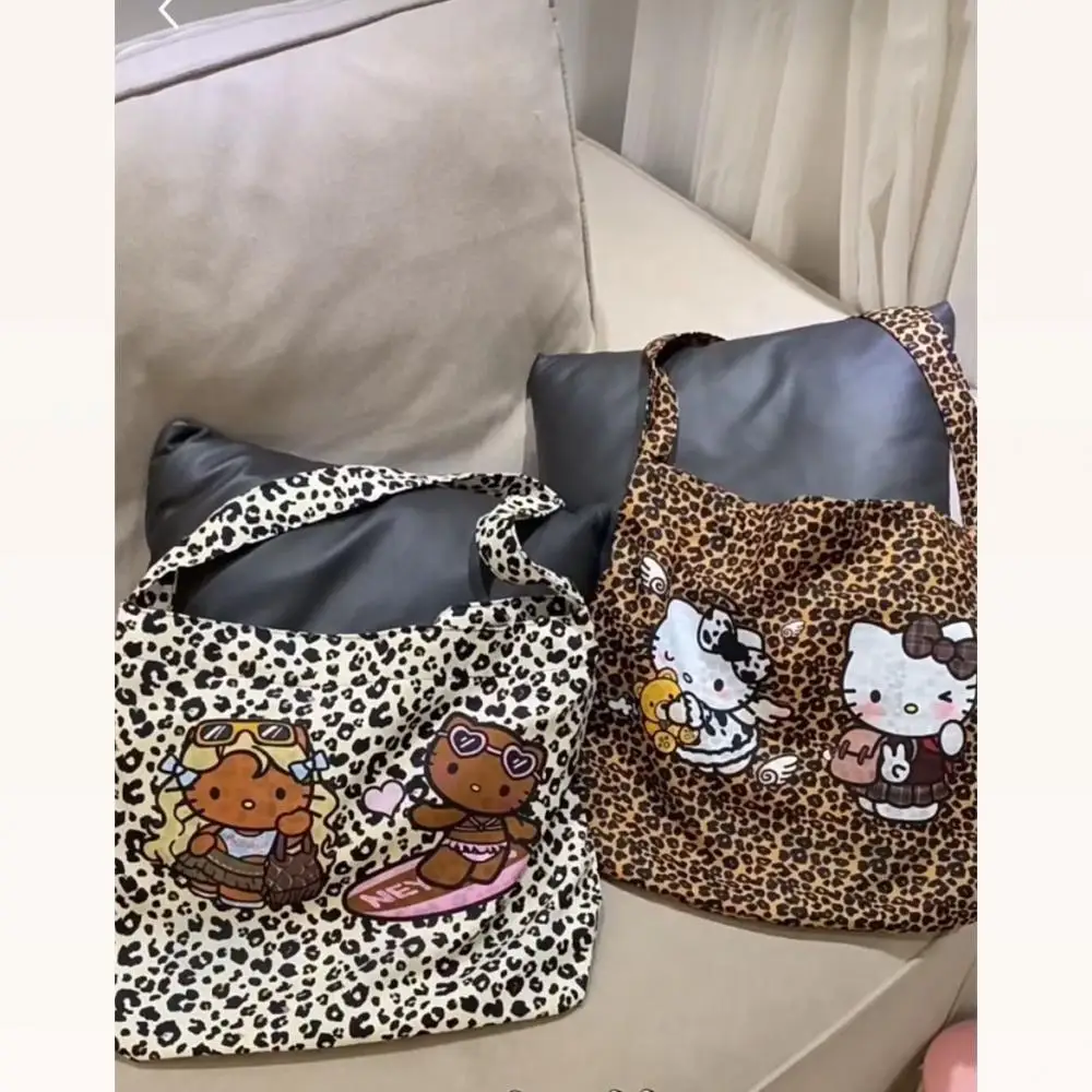 2024 New Sanrios Hellokitty Vintage Shoulder Bag Large Capacity Kitty Leopard Print Tote Bag Cartoon Crossbody Bag Gifts Toys