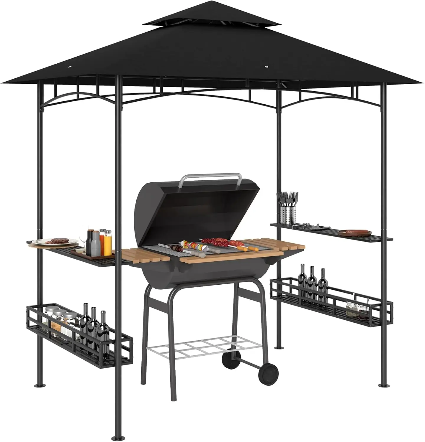 

8' x 5' Grill Gazebo, 2-Tier Outdoor BBQ Gazebo with 2 Side Shelves, Storage Baskets and Ceiling Hook for Patio Deck Yard