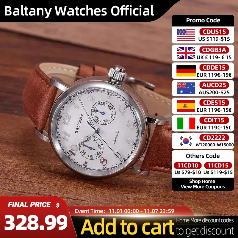 

Baltany Mono-pusher Function Watch 9122 Auto S6048 Week Month Hardening Process MOP Dial Leather Retro Dress Wristwatch