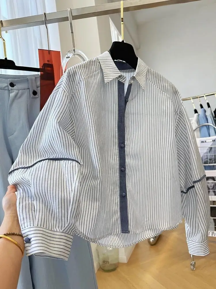 

Piece Striped Shirts For Women Spring Autumn Long Sleeve Patchwork Loose Casual Blouse Layered Lapel Chic Shirt